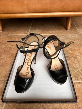 Sam Edelman Black Patent Ankle-Strap Peep-Toe Heels